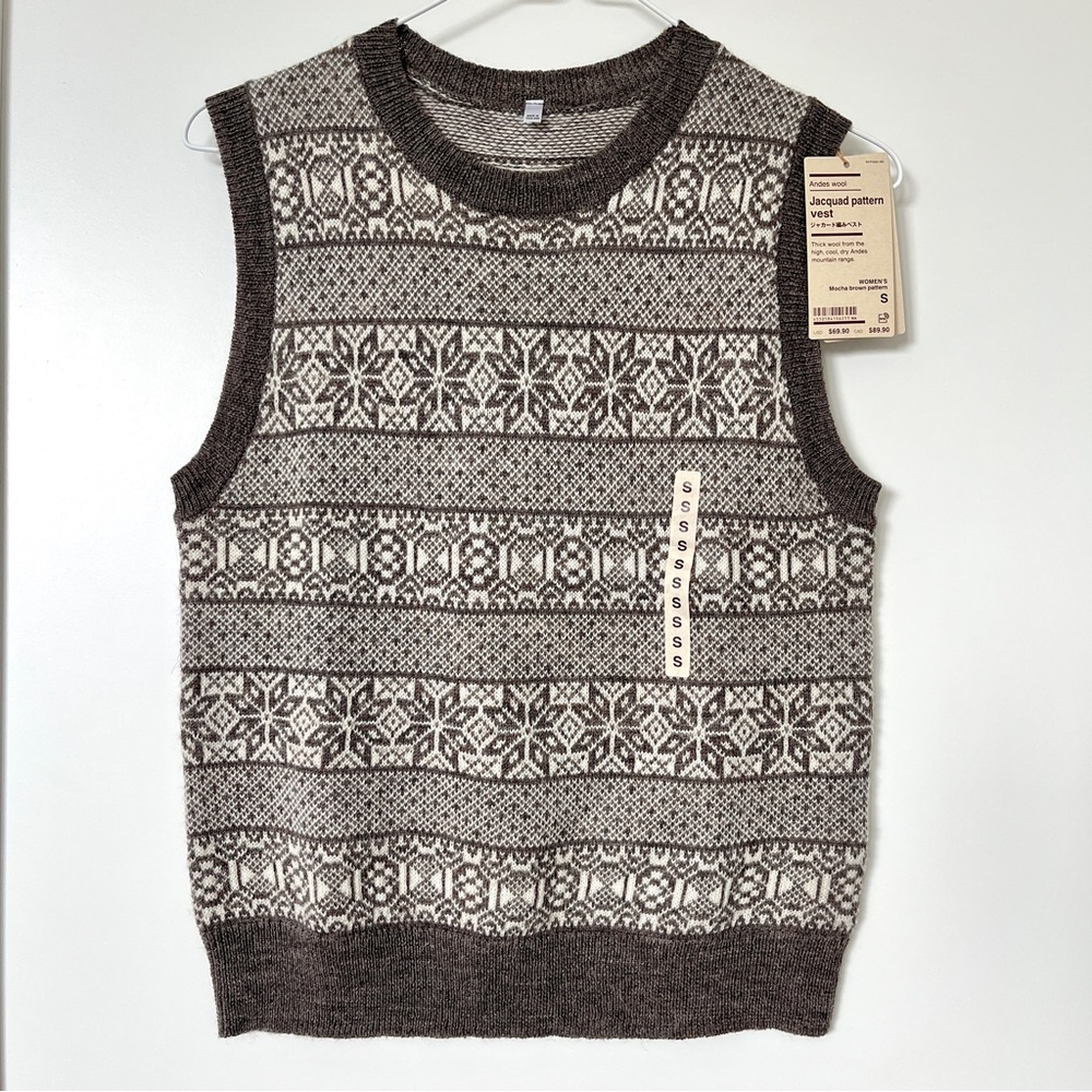 NEW MUJI Womens 100% Andes Wool Jacquard Vest Mocha Brown Size S